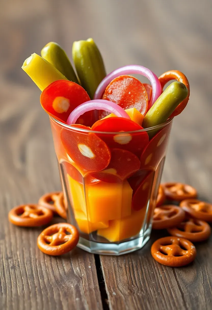 Pickle and pepperoni charcuterie cup with tangy pickles and spicy meat