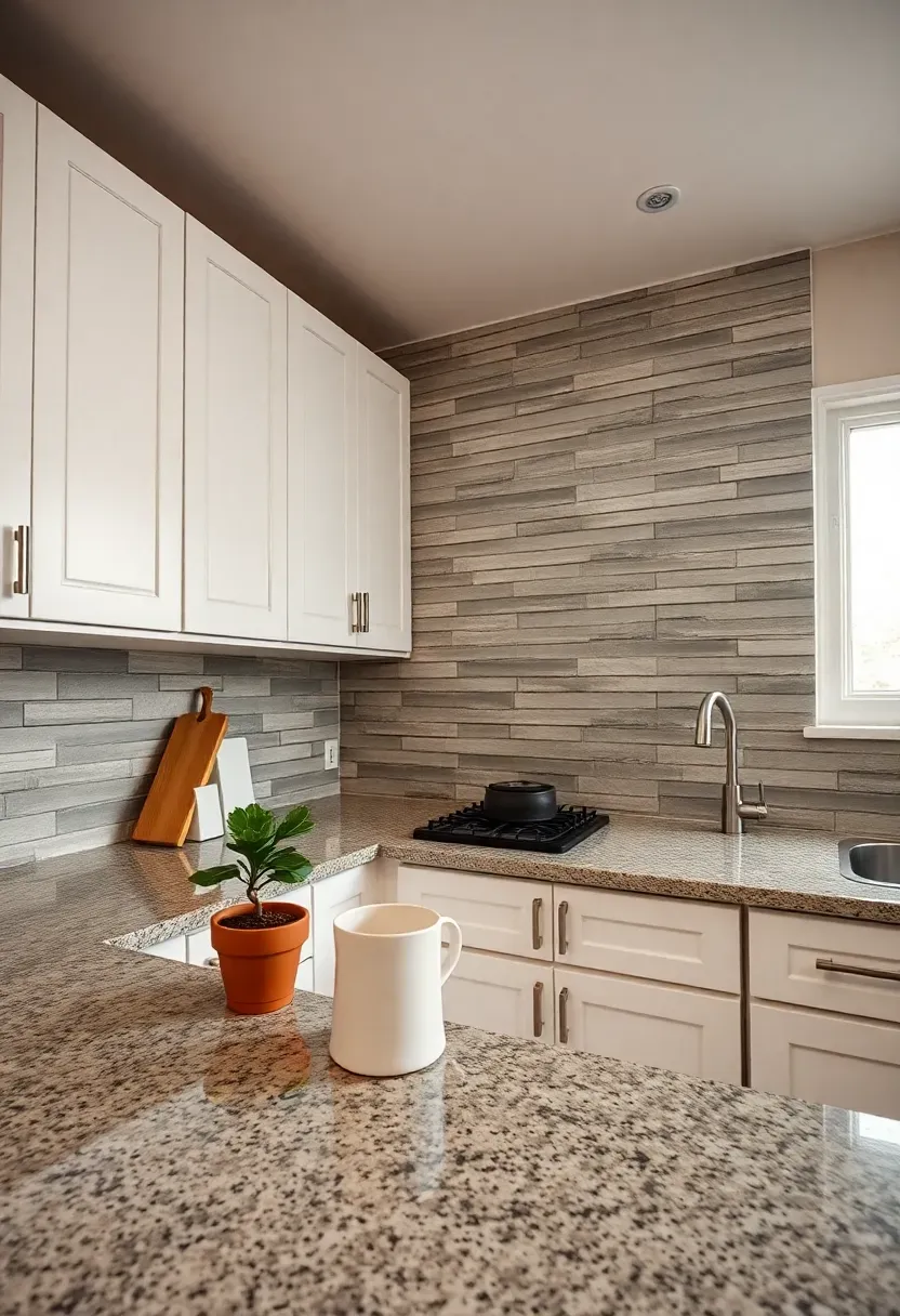 peel and stick stone veneer backsplash tiles in a rental kitchen with white cabinets and granite-look laminate countertops