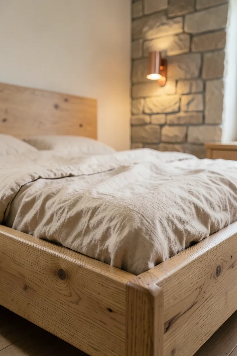 Unfinished solid oak bed frame with visible grain and natural edges in a minimalist wabi sabi bedroom