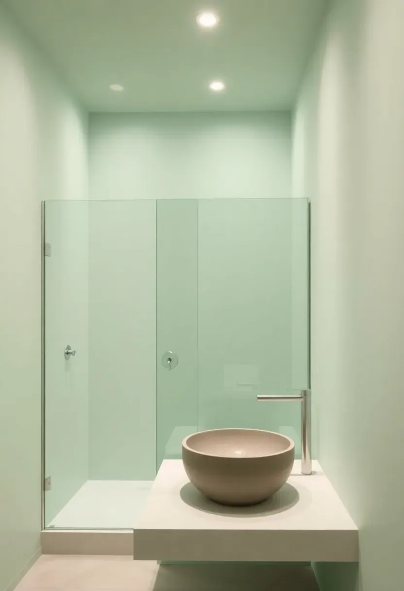 Minimalist celadon green bathroom with frameless glass shower, floating concrete sink, and recessed lighting
