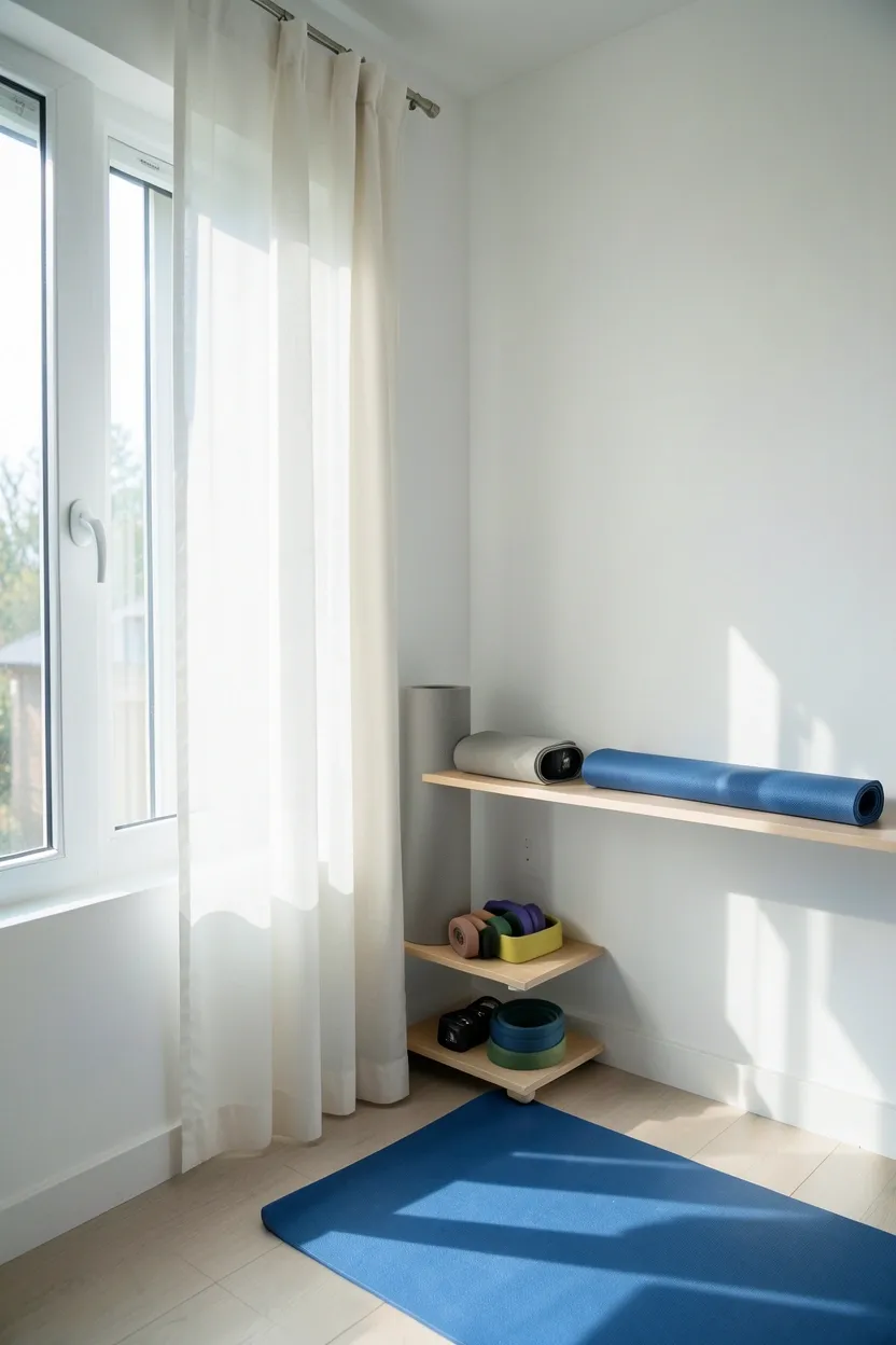 Minimalist home gym corner flooded with natural light from a large apartment window — sheer curtains, open floor space, and yoga mat for a motivating rental workout area