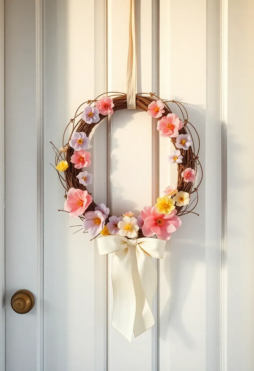 paper floral wreath with pastel tissue blooms on a white door