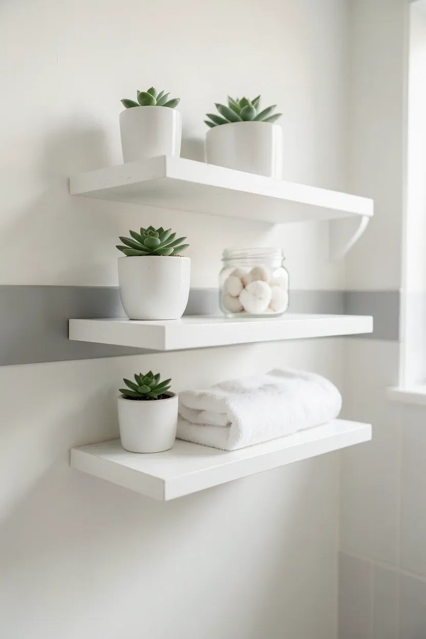 White floating wall shelves above a toilet in a small rental bathroom holding rolled towels, glass jars, and a small potted plant