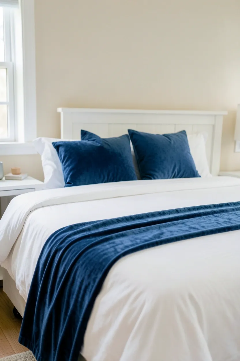 Hyper-realistic eye-level photograph of neatly made king bed with white duvet and robin's blue bed runner draped across foot. Two blue accent pillows at head, neutral cream walls, white nightstands with minimal accessories. Materials: cotton white duvet, robin's blue velvet bed runner, cotton blue pillows, white painted wood nightstands. Natural light from window, crisp layered atmosphere. Shallow depth of field, sharp details on bed runner texture, balanced composition showing bed styling. No text, no logos, no watermarks.</p>