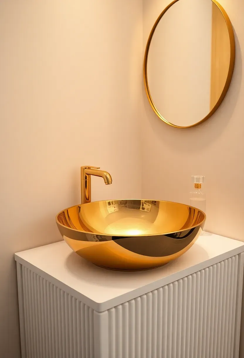 Glamorous metallic gold sink basin set into a fluted white vanity with art deco styling