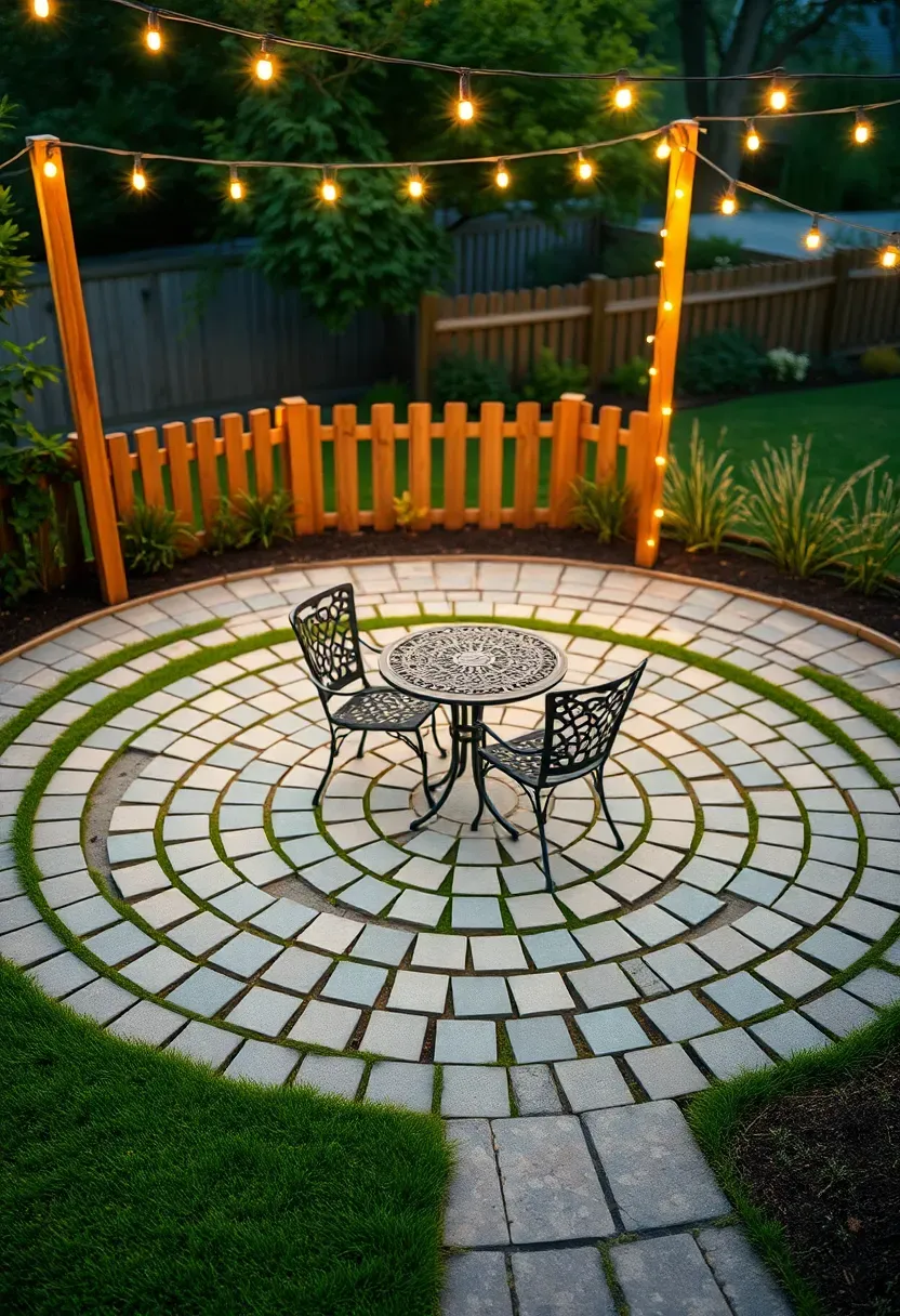 A circular patio made of concentric rings of gray pavers surrounded by a wide border of manicured green turf in a fenced backyard with string lights