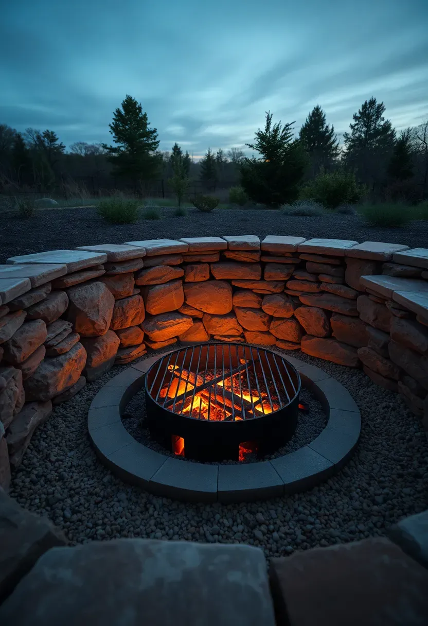 Sunken backyard grill pit with stone-lined walls, steel grate at ground level, surrounding built-in bench seating, and evening fire glow