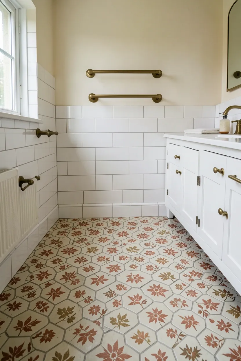 Hyper-realistic eye-level photograph of boho bathroom floor showing hexagonal cement tiles in cream and terracotta with subtle floral pattern, white subway tile walls, white vanity with brass fixtures, brass towel rail on cream wall. Natural light from window. Materials: cement hexagon tiles, ceramic wall tiles, brass fixtures. Patterned geometric boho flooring. Muted earthy color palette. No text, no logos, no watermarks.</p>