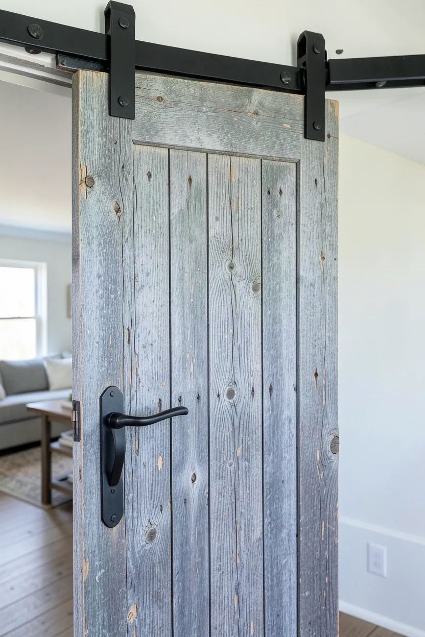 Sliding barn door with black metal hardware against white shiplap wall in a rustic farmhouse living room