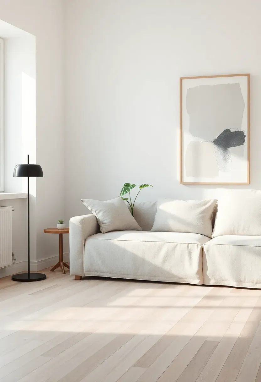 Hyper-realistic straight-on view of a perfectly balanced Scandinavian living room corner. Light oatmeal linen sofa, one black floor lamp, small wooden side table with single plant, large abstract art piece on white wall. Generous negative space around each object. Light wood floor flowing through, white walls with subtle texture. Materials: linen fabric, black metal, oak wood, ceramic pot, green monstera leaves. Soft diffused natural light from large window off-frame, gentle shadows. Lagom mood of 
