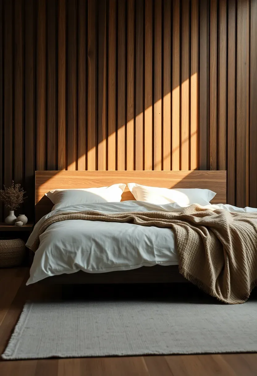 Slatted wood headboard running wall-to-wall