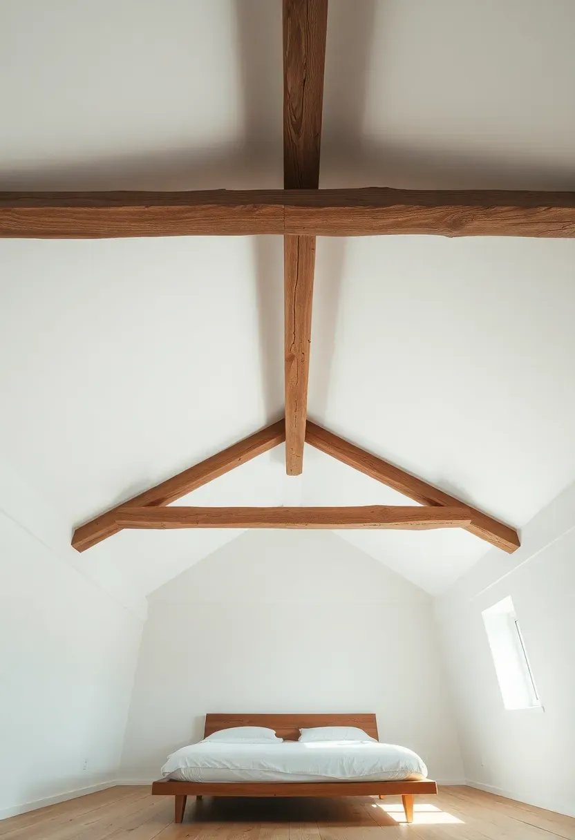 Hyper-realistic eye-level view of a minimalist bedroom looking up toward exposed wooden ceiling beams against white ceiling. Materials: rough oak beams with natural brown-gray patina, white plaster ceiling, white walls, light wood floor. Soft ambient diffused light creating gentle shadows between beams. Visible room context—simple platform bed with white bedding below, uncluttered space. Architectural simplicity with strong horizontal lines. Balanced composition showing beam rhythm across ceiling.</p>