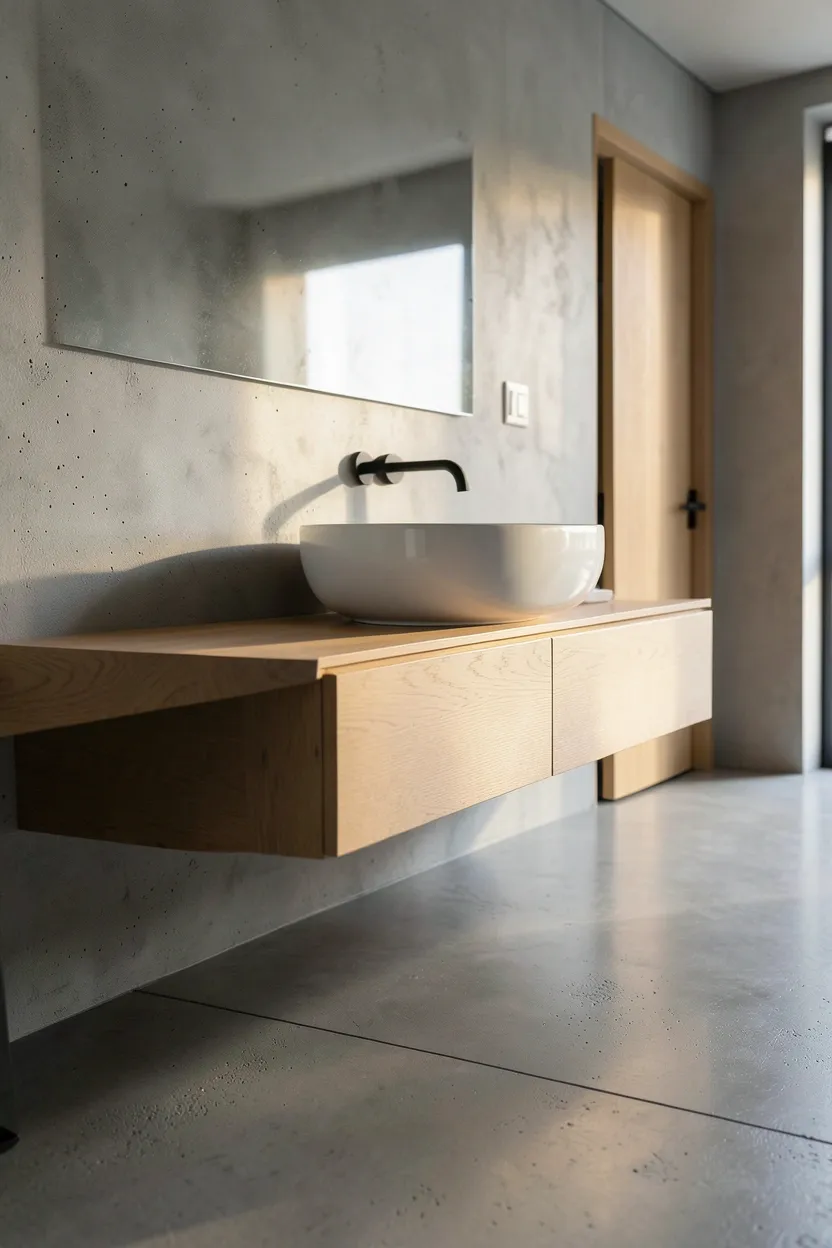 Polished concrete floor paired with floating light oak vanity and matte black faucet in a modern minimalist bathroom