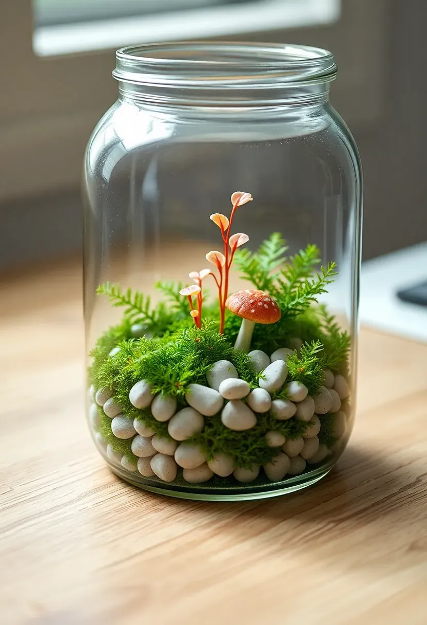 spring terrarium in a glass jar with moss, tiny plants, pebbles, and a miniature mushroom figurine