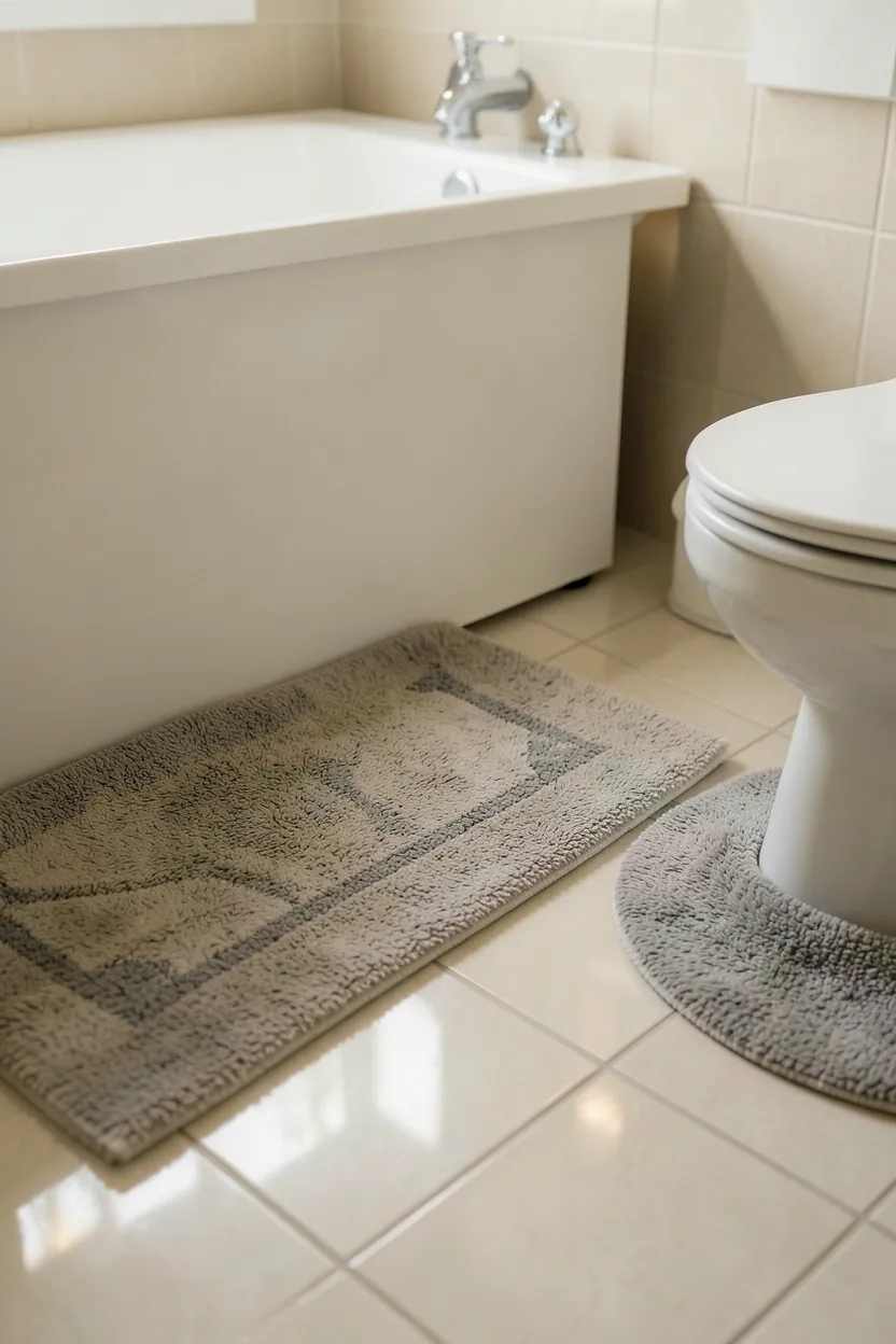 Layered bath rugs in soft neutral tones in front of a clawfoot tub, adding warmth and texture to a small apartment bathroom floor