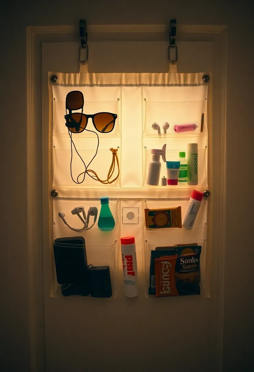 dorm door back organizer with clear pockets holding accessories toiletries and small essentials