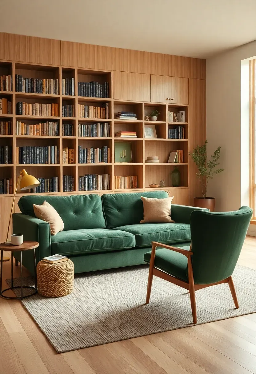 Library wall with green couch and reading nook