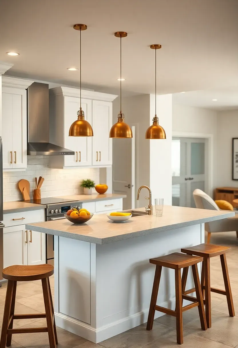 Basement L-shaped kitchen with a peninsula extending into a living area, pendant lights above, and stools on the outer side