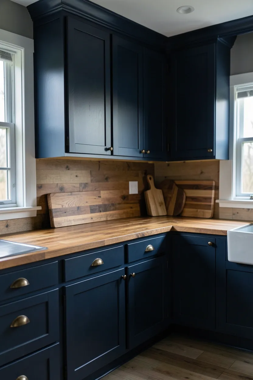 Navy Blue Kitchen with Wood Countertops