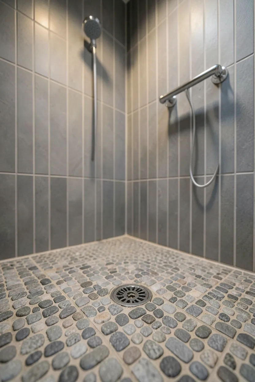 Grey river pebble shower floor tiles paired with tall vertical grey wall tiles in a spa-inspired bathroom