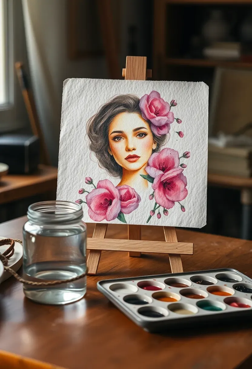 loose watercolor portrait painting of a woman surrounded by flowers on an easel