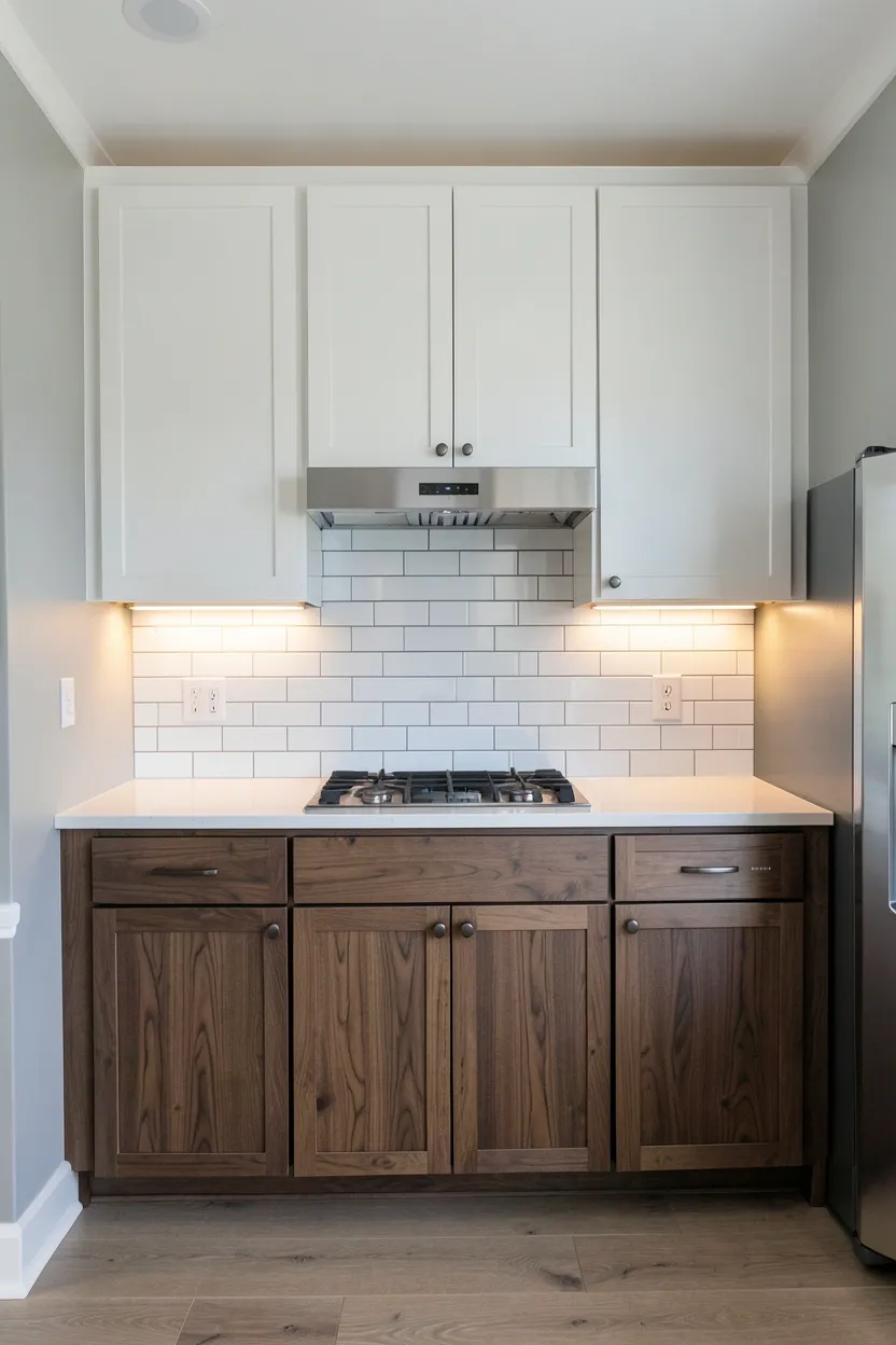 Two-tone kitchen with dark walnut lower cabinets and white upper cabinets creating modern contrast and visual height