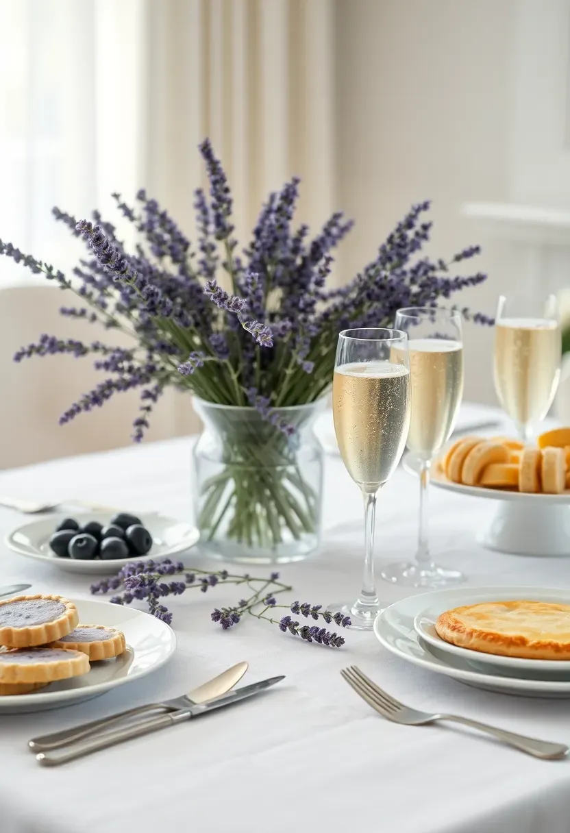 lavender themed brunch baby shower table with purple flowers and elegant place settings