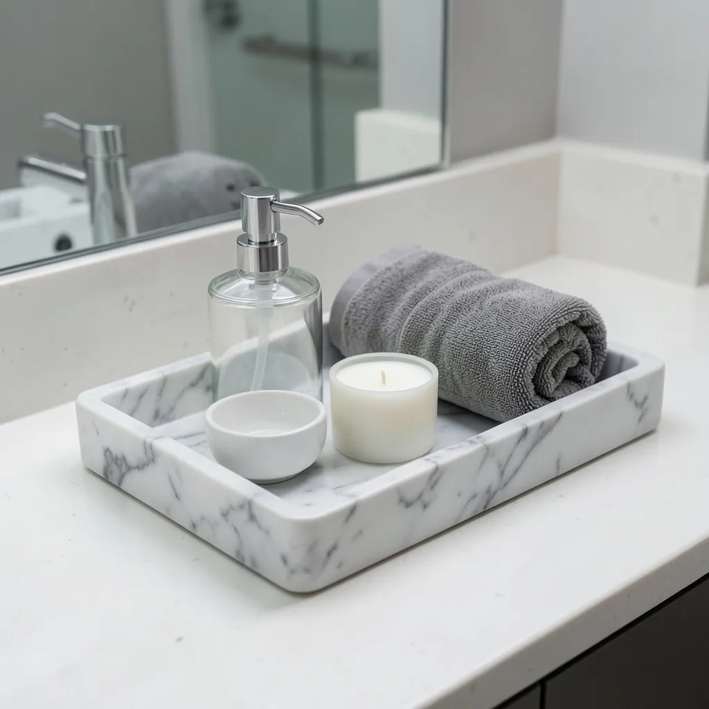 Decorative marble-look tray organizing bathroom counter items