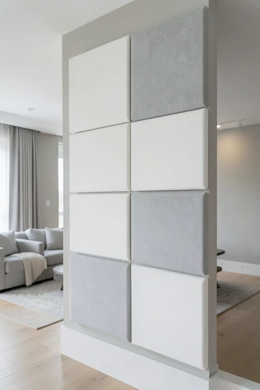 Light gray acoustic panels arranged in a geometric pattern on a home gym wall — sound-absorbing minimalist wall treatment for apartment workout spaces