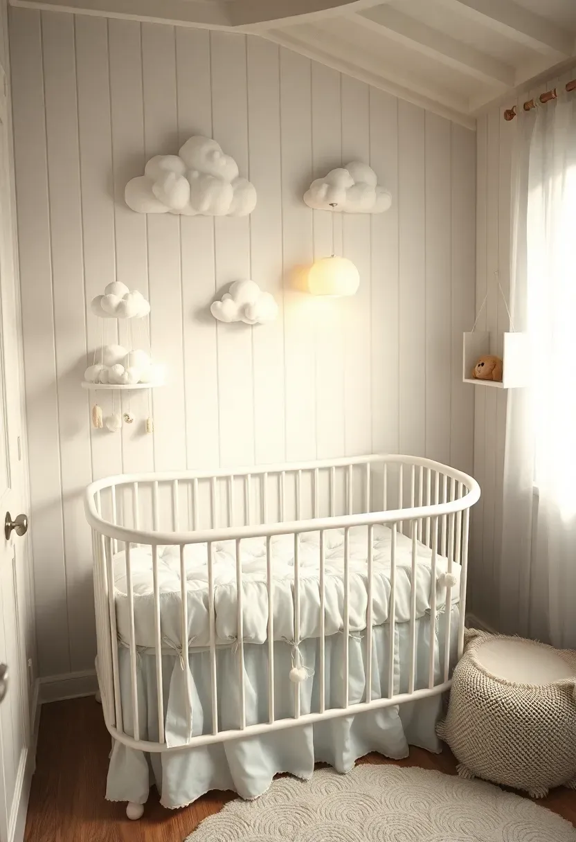 Whimsical cloud-themed nursery corner in white bedroom with cloud mobile, puffy quilt bassinet, removable wall decals, and cloud-shaped shelf