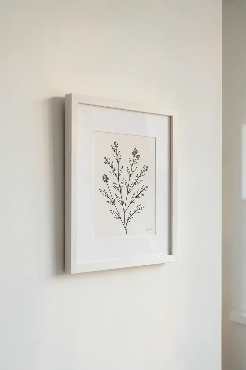 Minimal botanical wall art in white frame above bed in a serene Japandi bedroom