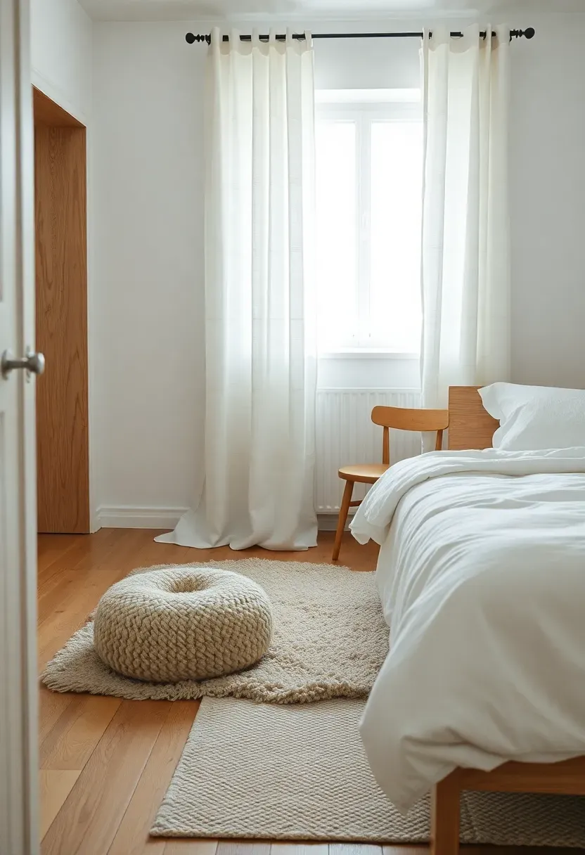 Hyper-realistic view of Scandinavian bedroom showing natural material palette. White walls, white oak bed frame, white linens with visible texture, wool rug in cream, linen curtains, single wooden chair. Materials: white oak with visible grain, crisp white linen, nubby wool, sheer linen fabric. Soft morning light entering through linen curtains, creating diffused brightness. Serene minimalist mood with neutral palette. Shallow depth of field, sharp details on fabric textures and wood grain, minimalist styling, visible window with light.</p>