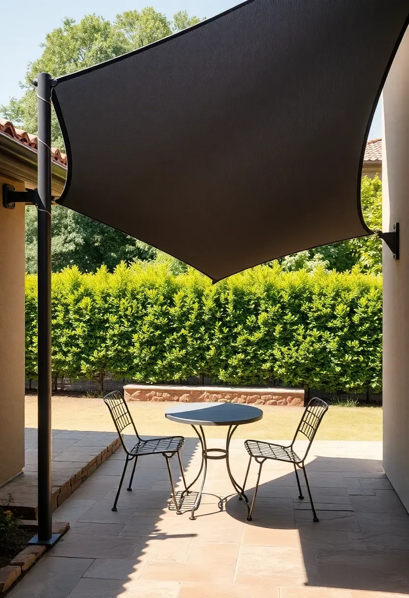 triangular sail shade stretched between posts over a patio dining set