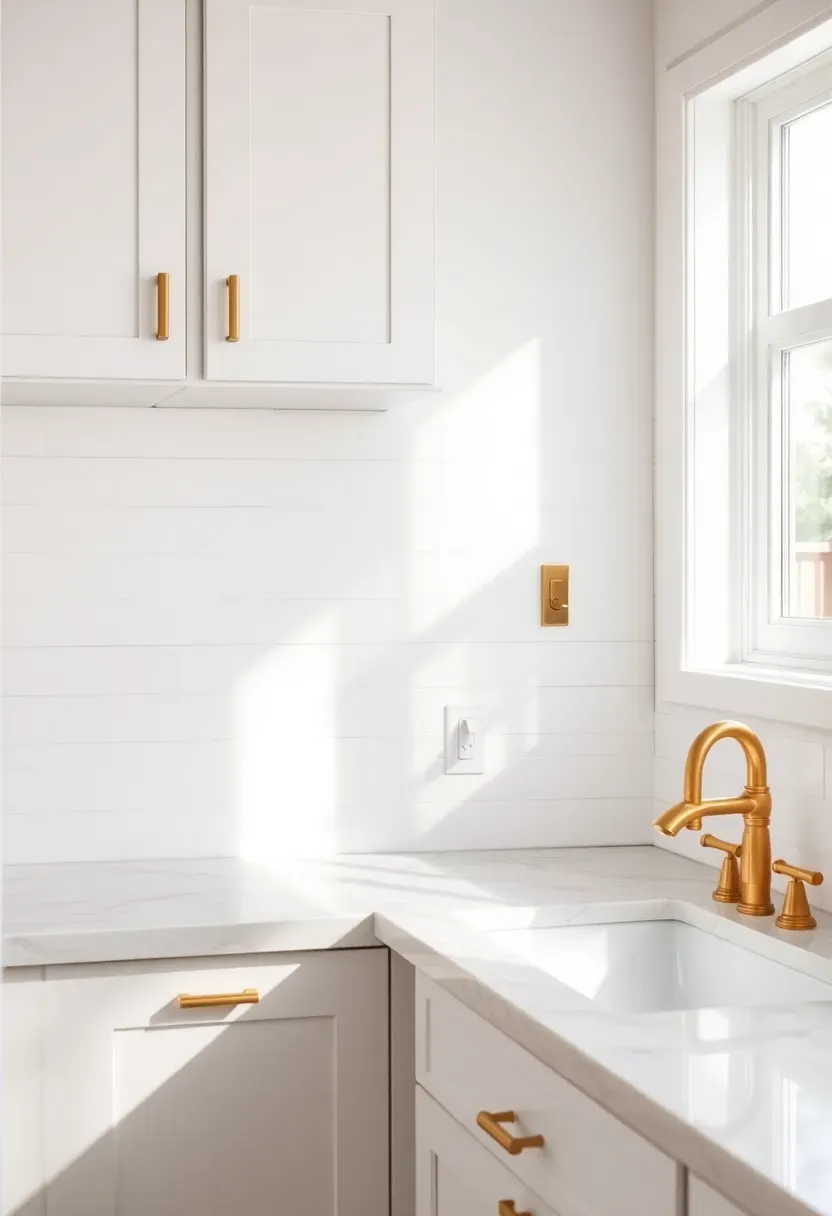 Hyper-realistic detail shots showing consistent brushed brass hardware throughout minimalist kitchen and bathroom. Materials: brushed brass cabinet pulls, brass faucet, brass light switch plates, brass drawer pulls, white cabinets, marble countertops, white subway tile. Natural light highlighting warm brass tone against crisp white. Shots show same brass finish repeated across different fixture types creating cohesion. Sharp focus on hardware details and finish quality. Visible room context in each shot. No text, no logos, no watermarks.</p>