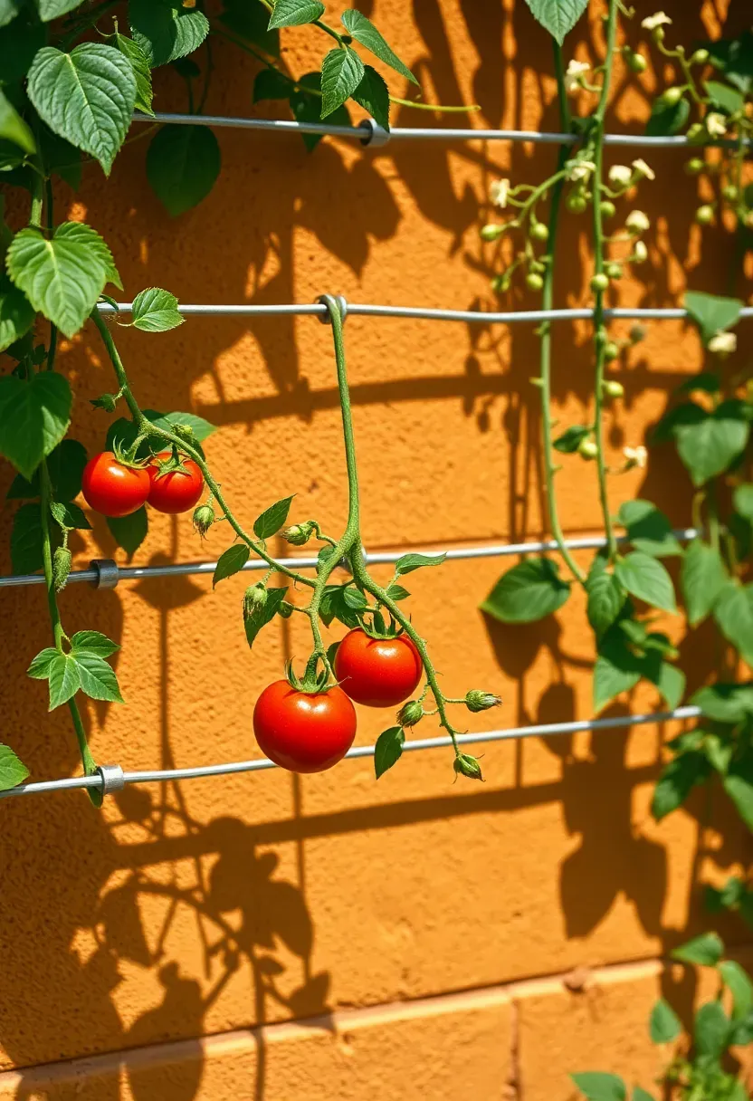 Espaliered fruit trees and climbing vegetable vines trained flat against a sunny garden wall with wire support system