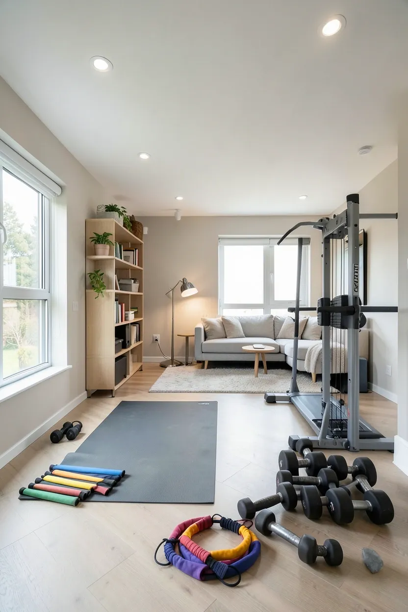 Home gym with a ceiling-mounted heavy punching bag, rubber mat underneath, boxing gloves on wall hook, and acoustic panels for sound dampening