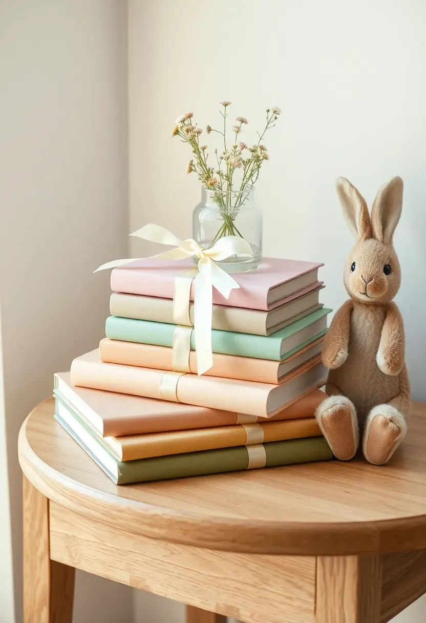 charming vintage book stack display on a baby shower side table with stacked pastel children's books small flowers in glass vases and a handwritten note card
