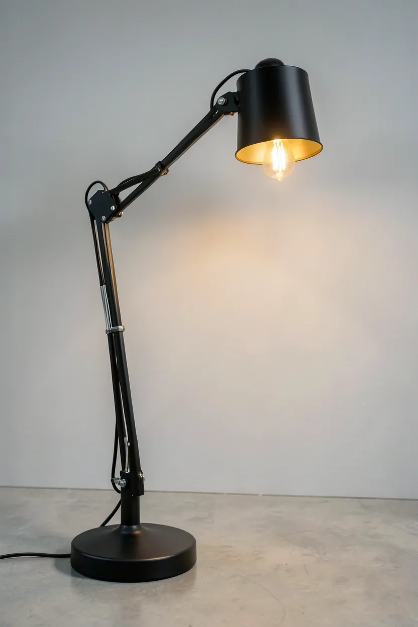 Industrial adjustable arm floor lamp in matte black with articulated metal joints and Edison bulb positioned next to an accent chair in a minimalist apartment living room