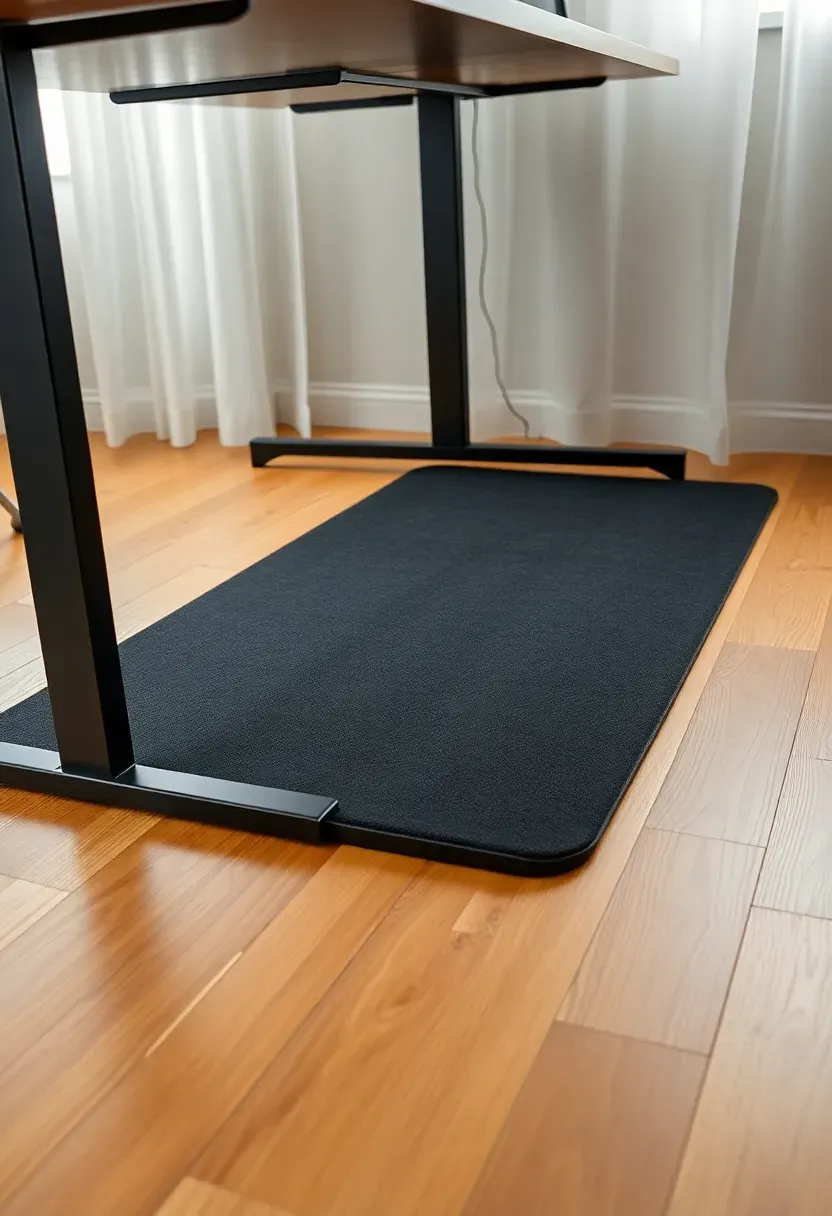 Anti-fatigue standing desk mat with beveled edges in a dark charcoal color on a hardwood floor beneath a standing desk