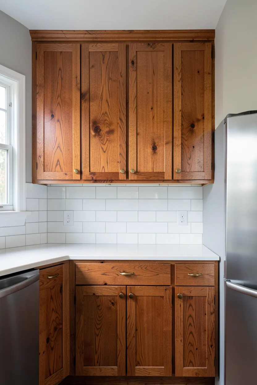 Cedar wood kitchen cabinets with reddish-brown tones and visible grain for rustic warmth and natural character