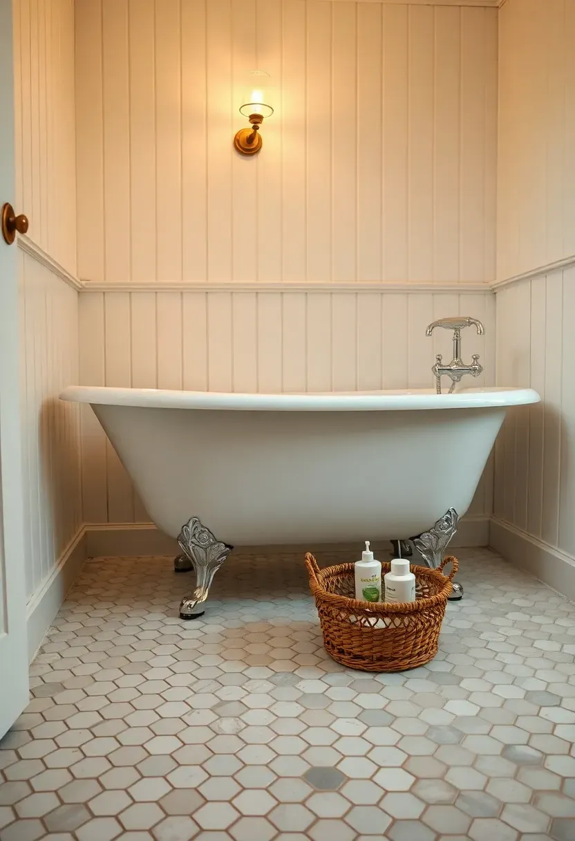 Herringbone pattern porcelain plank tiles in warm gray on a bathroom floor with walnut vanity and round mirror