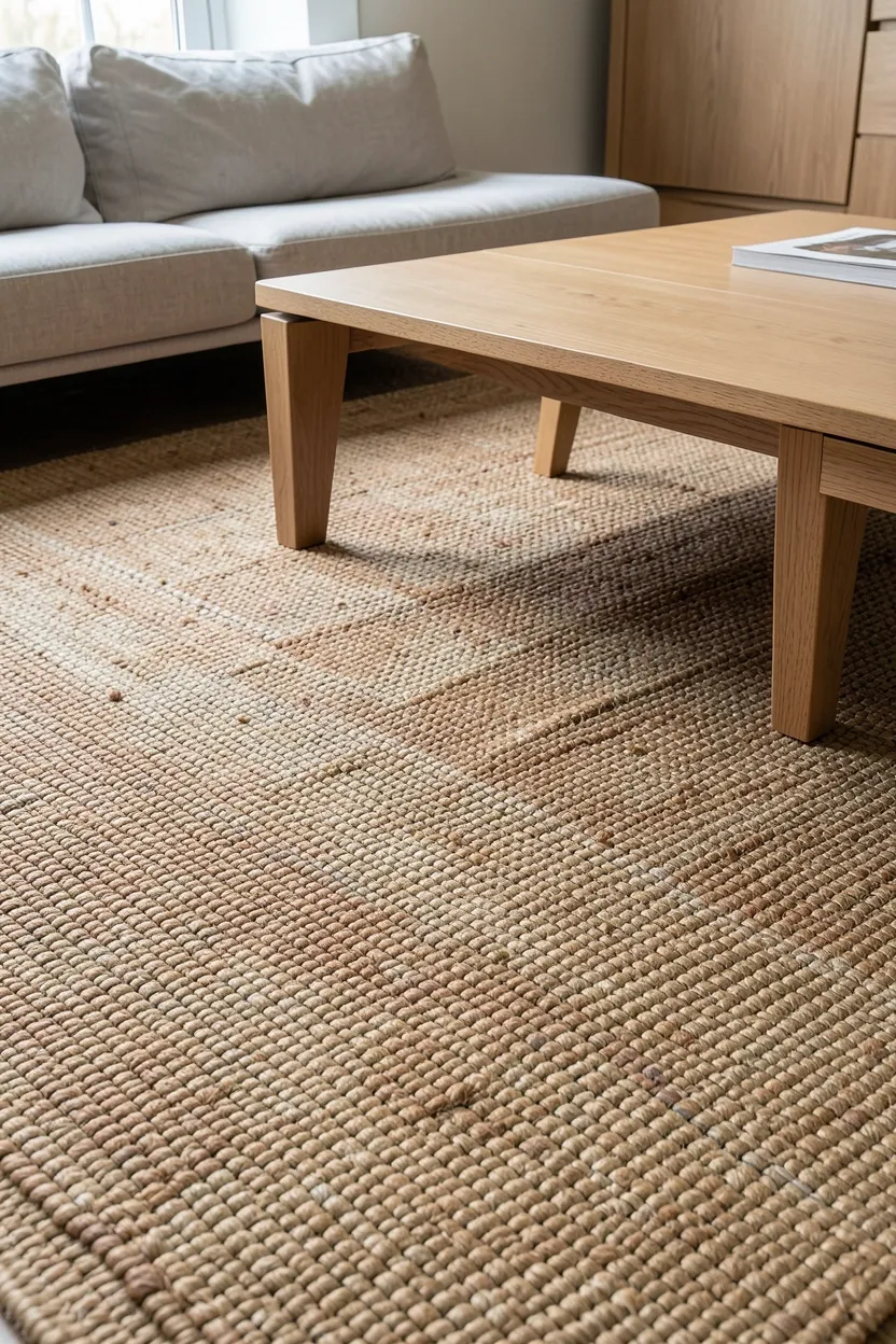 Large woven jute rug anchoring a minimalist modern rustic living room with warm wood furniture and neutral textiles