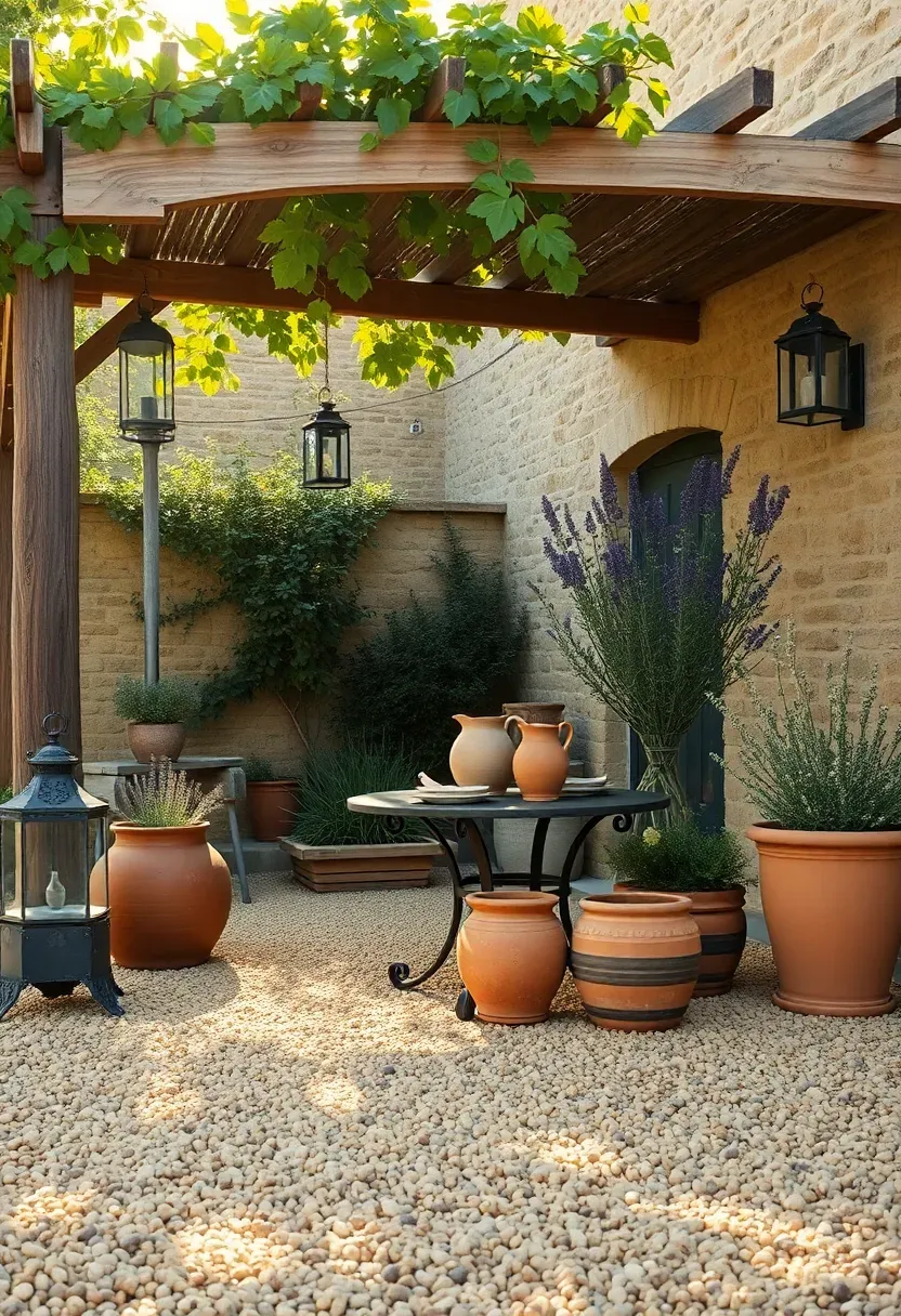 Warm Tuscan-inspired gravel patio with crushed limestone surface, terracotta planters of rosemary and lavender, a rustic wooden pergola, and iron lanterns