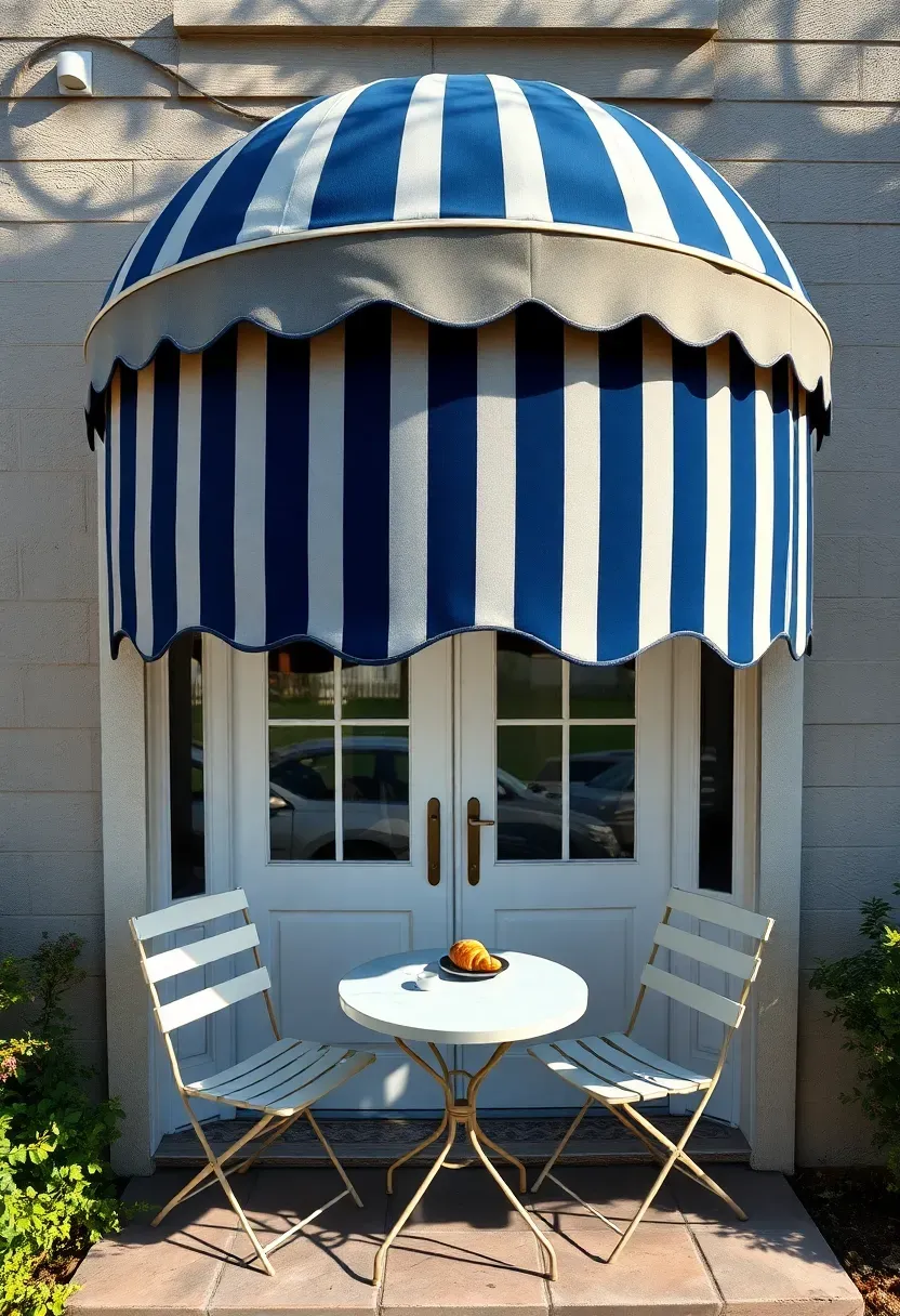 Classic striped awning in navy blue and white over a backyard French door opening onto a small patio with a round cafe table and two folding chairs