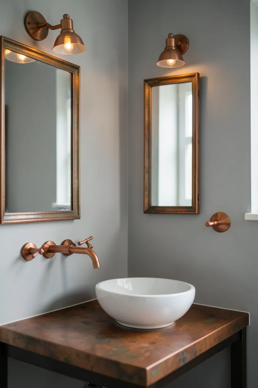 Cool grey bathroom tiles warmed by brushed copper faucet and towel rail fixtures in a modern design