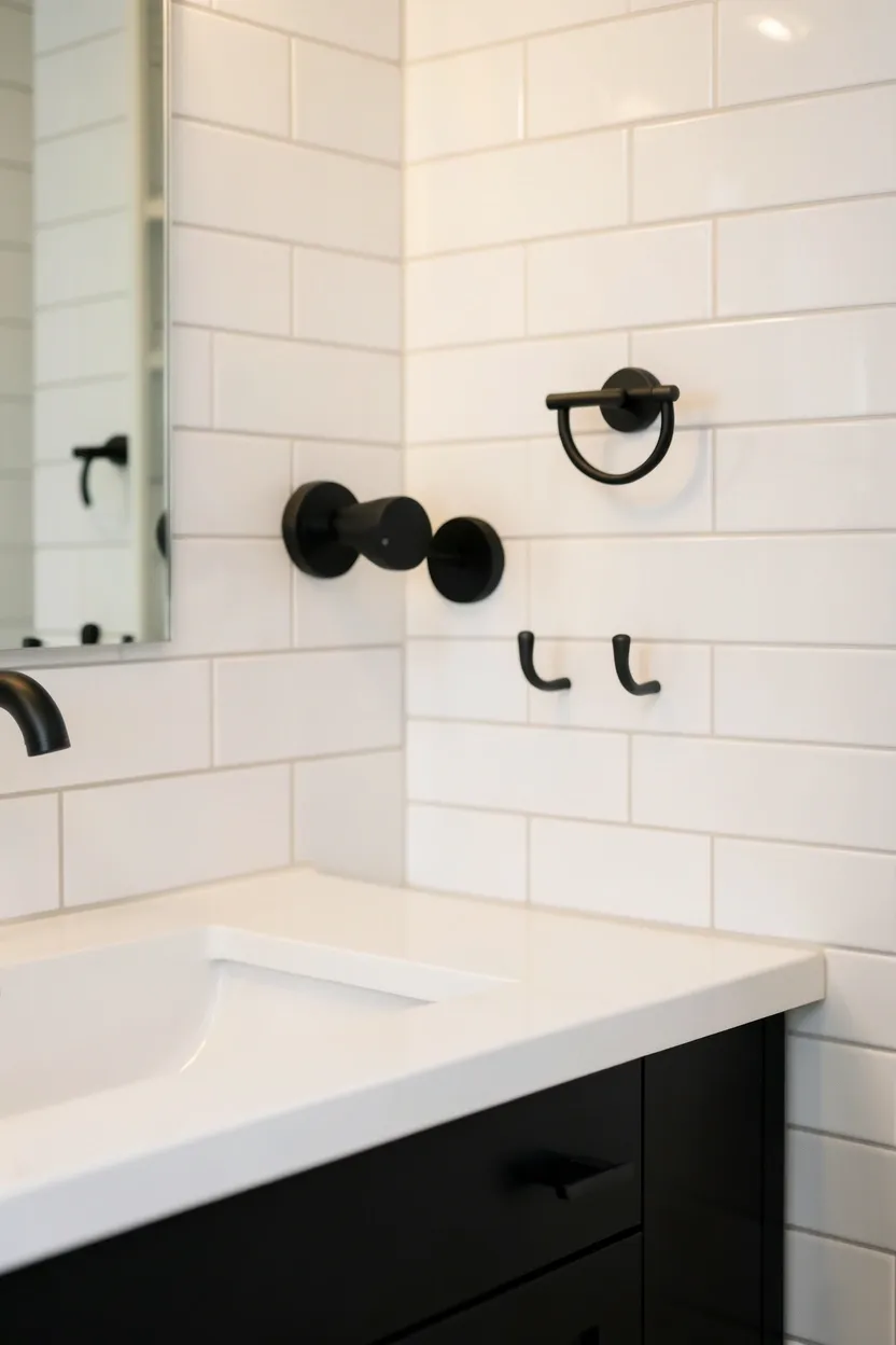 Matte black wall-mounted faucet, shower head, cabinet pulls, and towel bars against white subway tiles and soft gray vanity — bold contrast aesthetic bathroom