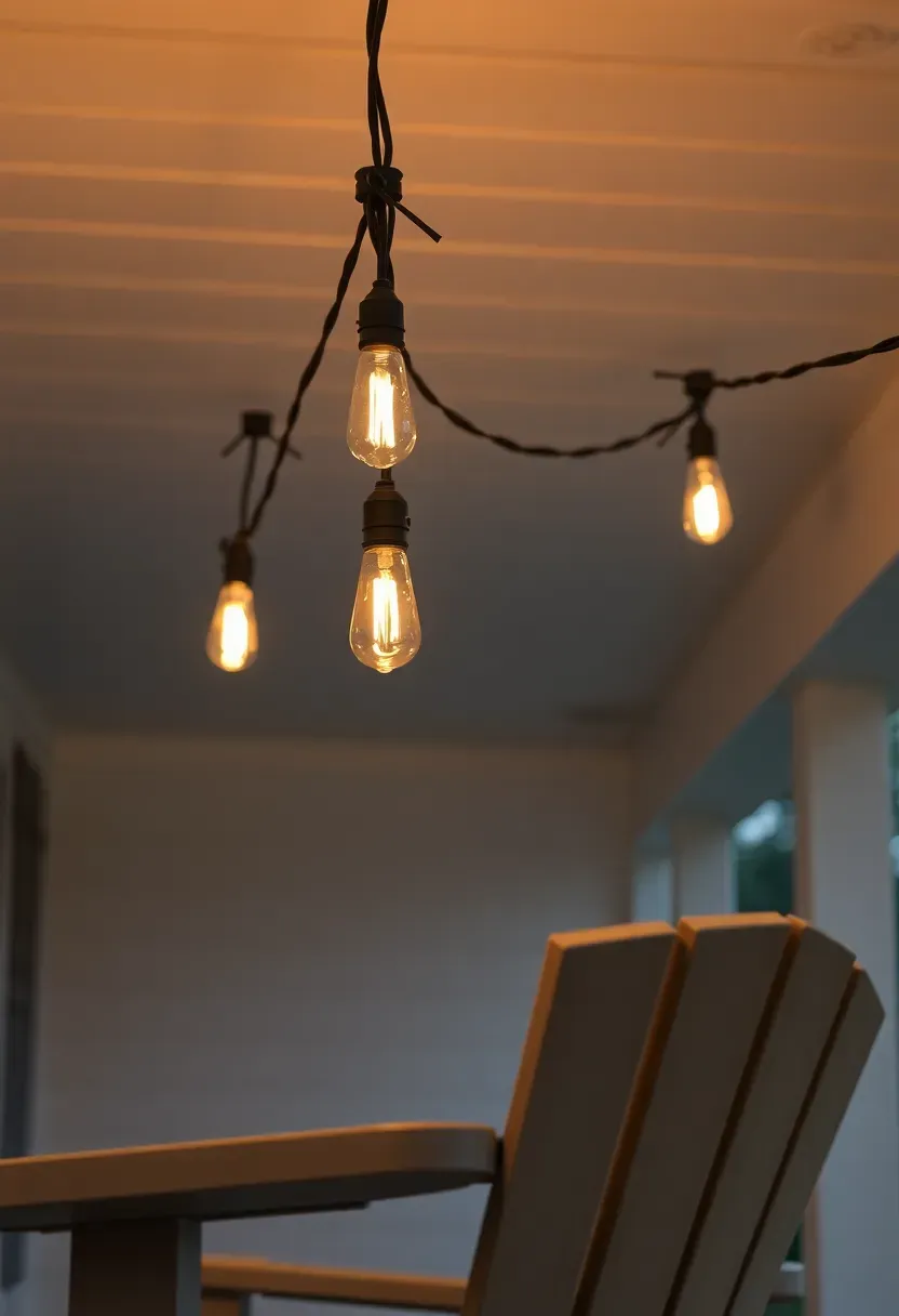 Ranch porch string lights with Edison bulbs strung above Adirondack chairs at evening dusk