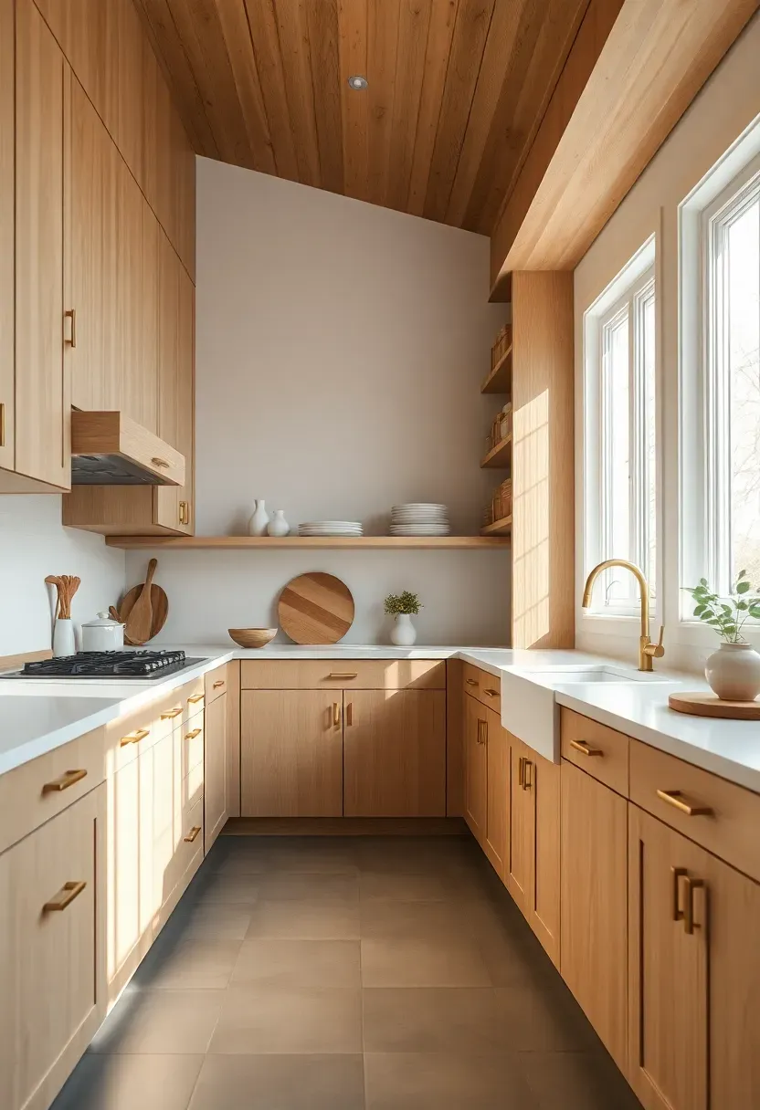Hyper-realistic 3/4 view of a neutral kitchen with natural white oak cabinetry and crisp white walls. Materials: natural white oak shaker cabinets with visible grain, white painted walls, warm white quartz countertops, warm gray porcelain tile flooring, brushed brass hardware, white window trim. Abundant natural light from multiple windows, creating soft shadows on wood grain. Visible oak cabinetry continuing to ceiling and open shelving. Scandinavian warm mood. Shallow depth of field showing wood grain, sharp cabinet details. No text, no logos, no watermarks.</p>