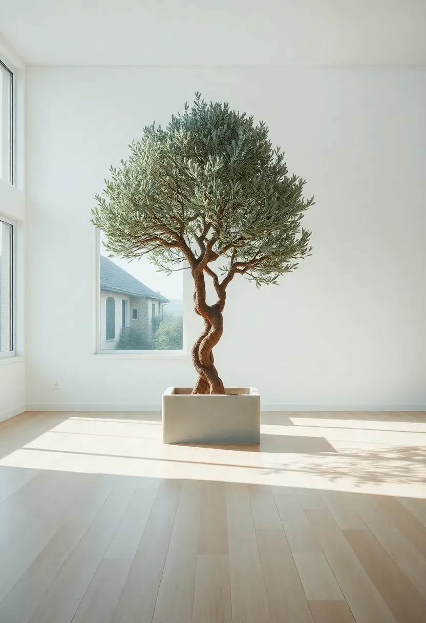 Hyper-realistic wide shot of minimalist living room with single dramatic multi-stem olive tree as focal point. Tree has gnarled character trunk, 8 feet tall, in substantial concrete planter. Positioned against large windows with soft light. Abundant empty space around tree—at least 6 feet clearance in all directions. Light wood floor, white walls, no other furniture visible in frame. Restraint and emptiness emphasize tree's sculptural quality. Materials: concrete planter, olive tree's silvery-green leaves, twisted trunk. Natural light floods space, tree creates shadow on floor. Museum-like minimalist mood where single exceptional tree is presented as art object.</p>