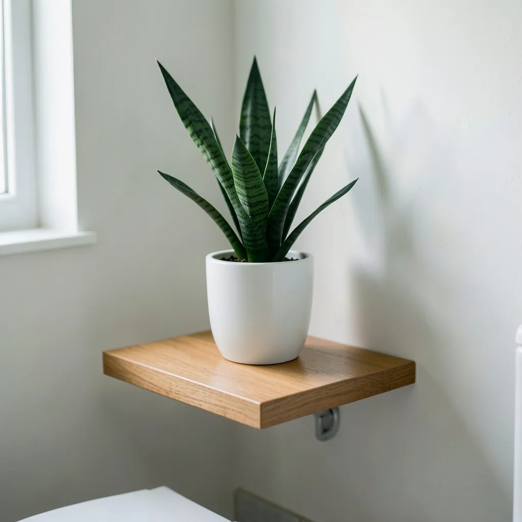 Small potted snake plant on floating bathroom shelf